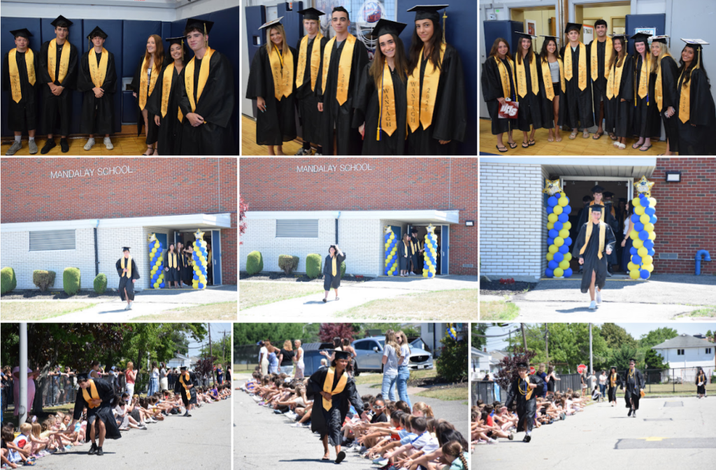 students in graduation robes walking down street